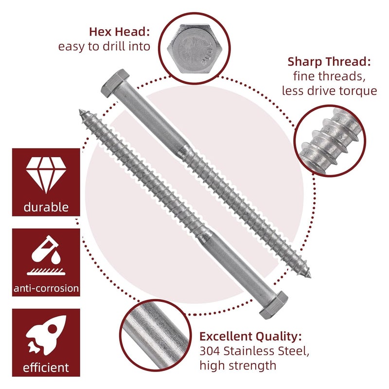 AiVeUao 50 Pack 304 Stainless Steel Wood Lag Screw, 3/8" x 6" Hex Head Lag Bolts, Heavy Duty Hex Head Lag Screws, Wood Screws 18-8 - Image 3